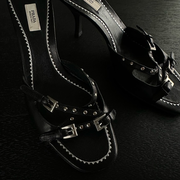 SOLD‼️ PRADA Black Leather Studded Straps Kitten Heels Sandals Mules Shoes - Picture 7 of 7